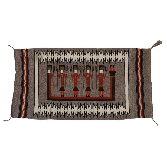 Vintage grey Yei style wool rug in the style of Navajo. Mexico, mid - 20th c. The woolen rug has a grey background color...