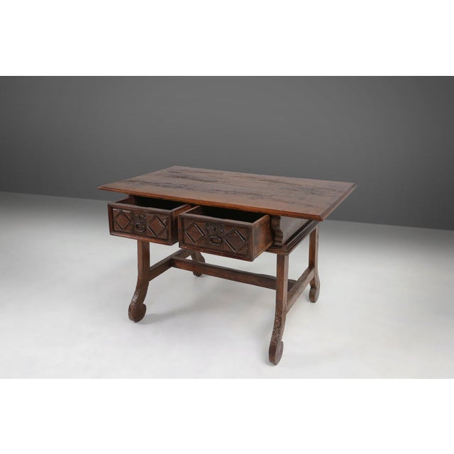 Wood Antique Spanish Console Table in Carved Oak with Drawers, 1700s For Sale - Image 7 of 18