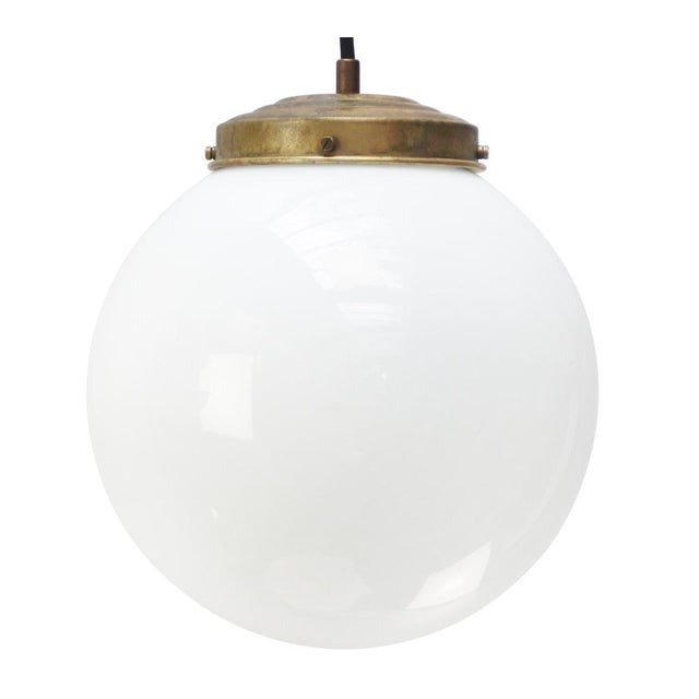 Gold Mid-20th Century Opaline Glass Globe Pendant Light with Brass Top For Sale - Image 8 of 8