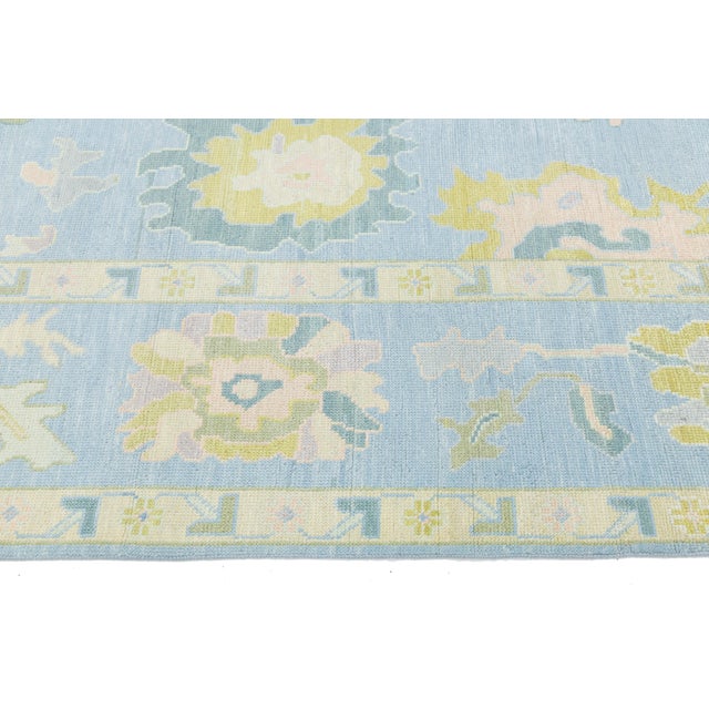 Blue Modern Oushak Style Hand-Knotted Wool Area Rug - Powder Blue & Citron Floral For Sale - Image 8 of 10