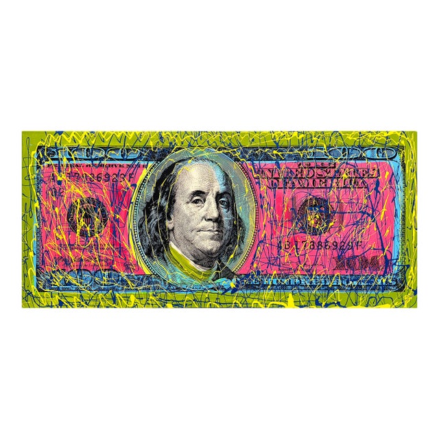 Steve Kaufman, One Hundred Dollar Bill (Stretched Hand Signed Embellished Canvas) For Sale