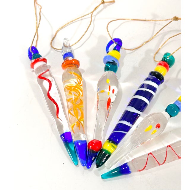 1980s Vintage Handblown Art Glass Icicle Christmas Ornaments, Multicolor Set of 6 For Sale - Image 5 of 8