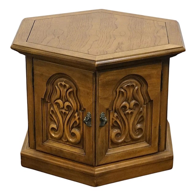 Thomasville Furniture Flamenco Collection Spanish Mediterranean Solid Pecan 26" Hexagonal Accent Storage End Table 70-6455-10 For Sale