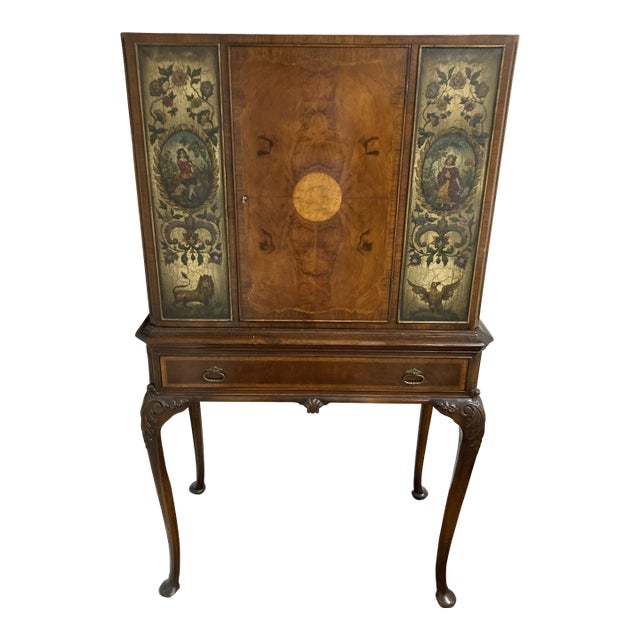 English 19th Century Burl Walnut and Satinwood High Chest With Hand Painted Door Panels For Sale