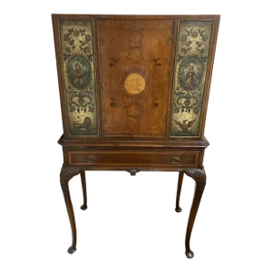 English 19th Century Burl Walnut and Satinwood High Chest With Hand Painted Door Panels