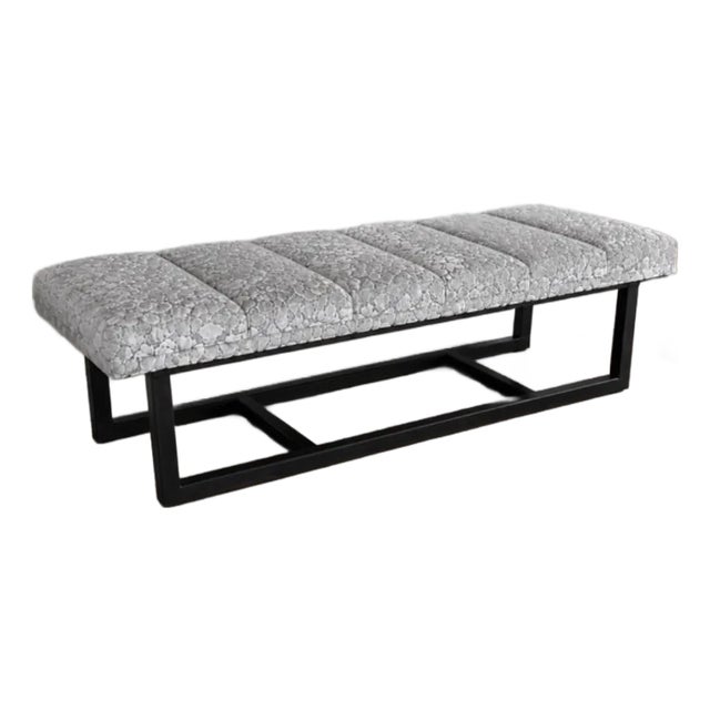 Bespoke Cut Velvet Gray Ottoman Bench With Architectural Metal Base For Sale