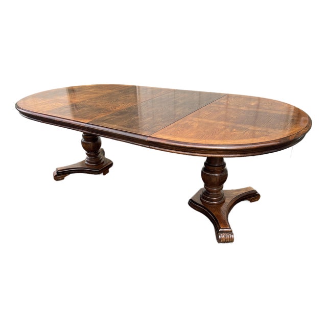 Late 20th Century Rustic Double Pedestal Oak Extension Dining Table For Sale