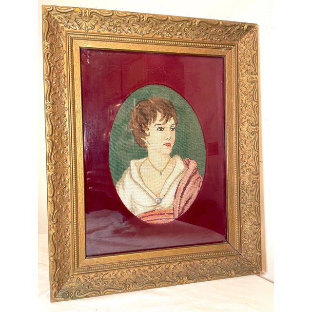 19th Century Antique 1800's Victorian Hand Embroidered Figural Lady Needlepoint Portrait Art For Sale - Image 5 of 8