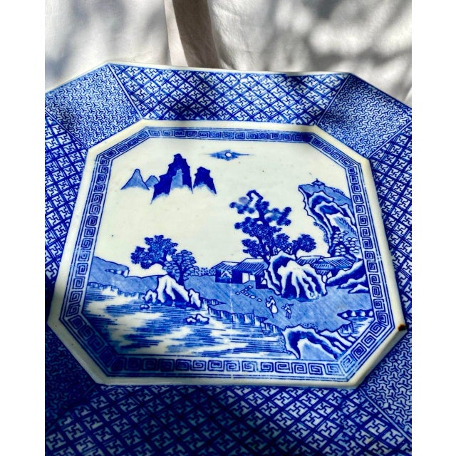 Early 20th Century Late Qing Chinese Blue & White Octagonal Landscape Serving Plate For Sale - Image 12 of 16