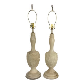 Vintage Carved Natural Alabaster Floral Lamps - a Pair For Sale