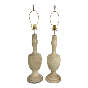 Vintage Carved Natural Alabaster Floral Lamps - a Pair