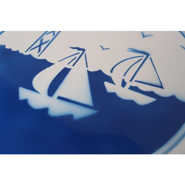 Large Vintage Blue and White Enamelware Platter / Tray With Sailboat and Lighthouse Motif For Sale - Image 9 of 11