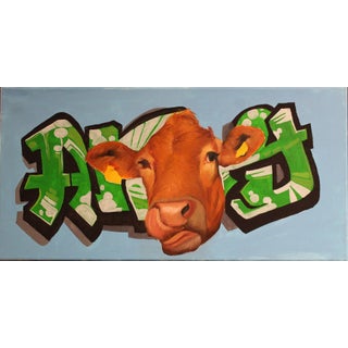 Agelada by Ali Ghassan | Oil Painting of a cow's head with graffiti background For Sale