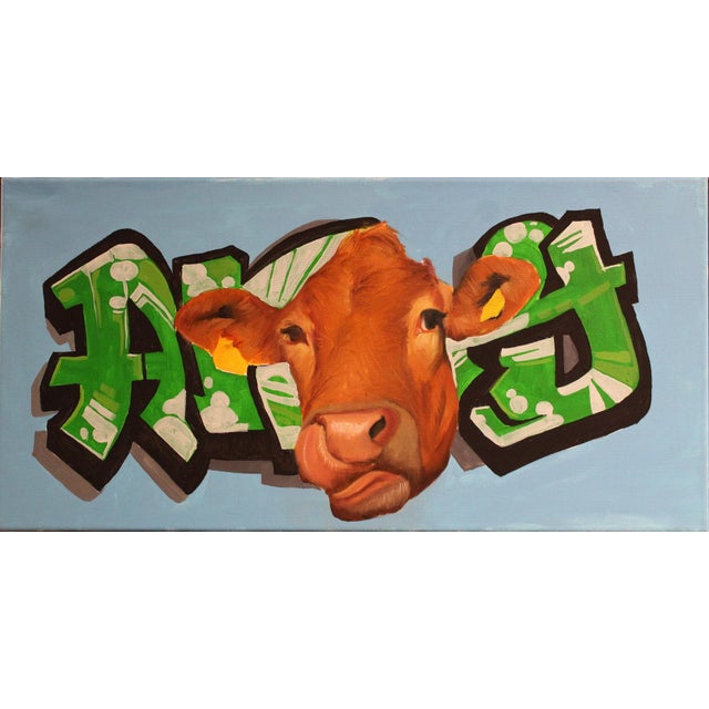 Agelada by Ali Ghassan | Oil Painting of a cow's head with graffiti background For Sale