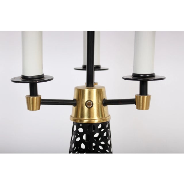 Tony Paul Style Pierced Black Cone, Brass & White Triple Candlestick Table Lamp For Sale - Image 9 of 12