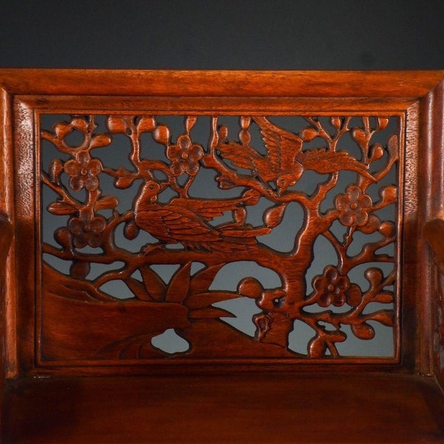 Vintage Chinese Huali Rosewood Shrine Cabinet | Openwork Carved Altar With Magpie & Plum Motif For Sale - Image 9 of 9