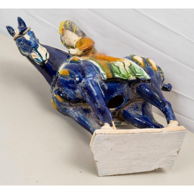 1980s Large Chinese Sancai Glazed Pottery Horse & Rider Sculpture Tang Style 17" For Sale - Image 4 of 4