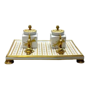 Vintage Dolphin & Leaf Porcelain Double Inkwell