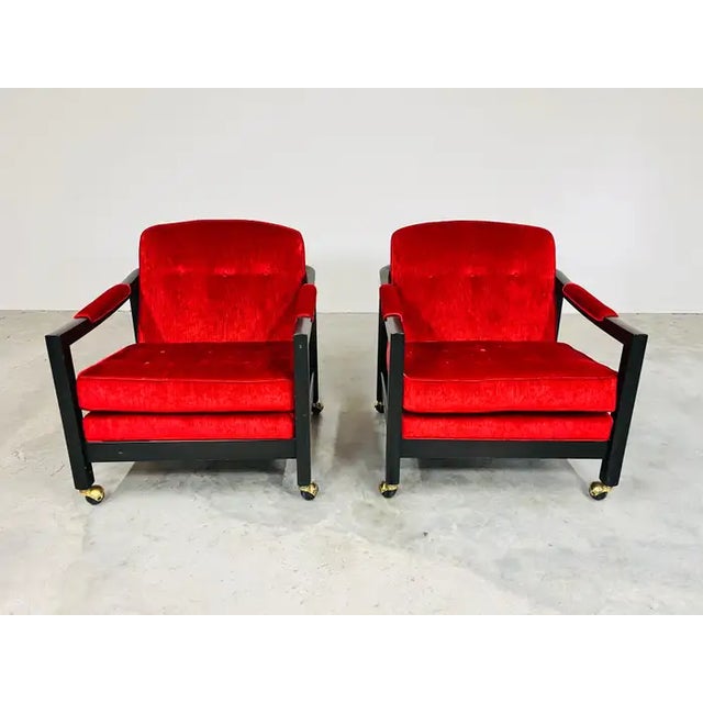 1960s Milo Baughman Style Directional Deep Red Velvet & Ebony Mahogany Club Chairs For Sale - Image 5 of 11