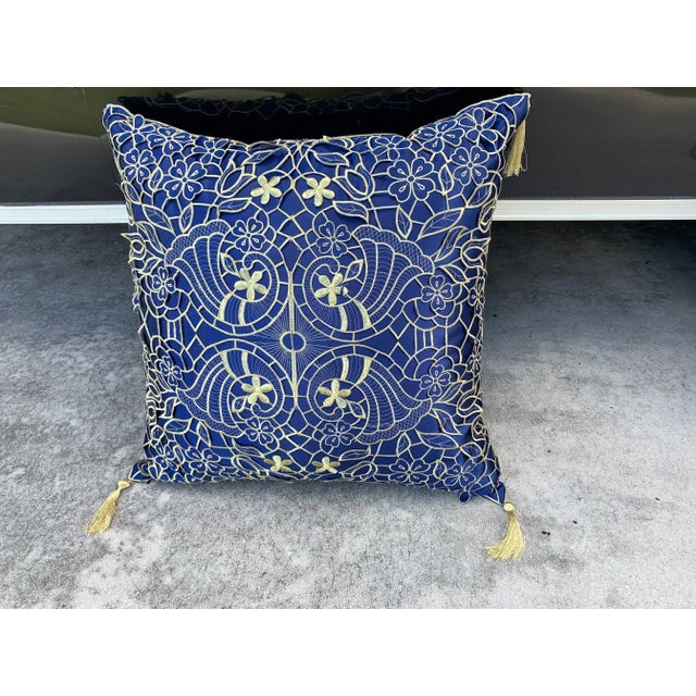 Large Blue & Gold Pillow With Tassels For Sale In West Palm - Image 6 of 7