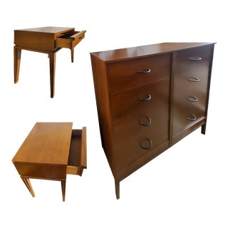 1960s Mid-Century Basic-Witz End Tables With Drawer + an 8-Drawer Bureau - Set of 3 For Sale