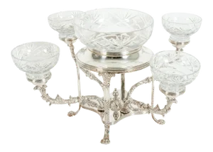 English Silver Plated / Cut Crystal Four Arms Centerpiece / Epergne