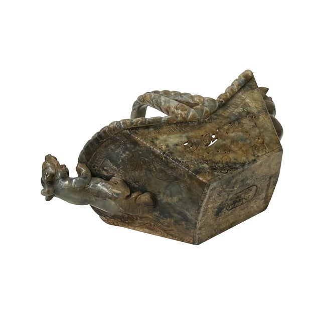 Chinese Stone Carved Basket With Mythical Beasts, Archaic Motifs , Braided Handle For Sale - Image 4 of 12