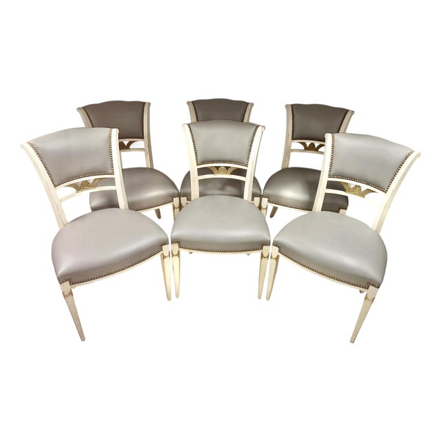 Set of Six 1930s Gilt Wood Dining Chairs in Gray Leather by Danny Cannon Custom Upholstery For Sale