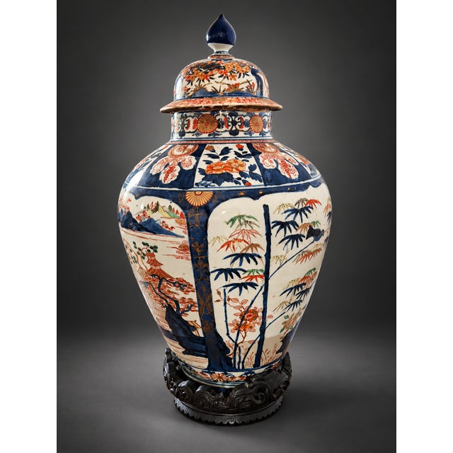 An exceptional and monumental japanese covered vase in arita porcelain with imari decoration, edo period, 18th century....