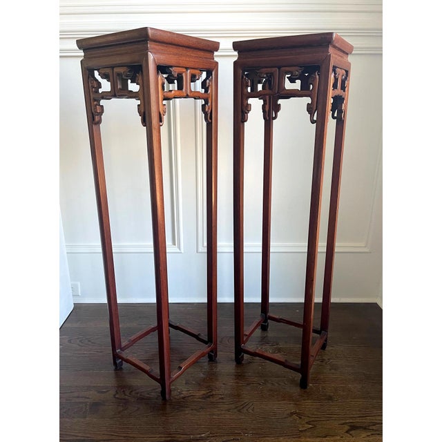 Chinese Pair of Antique Chinese Wood Stands Pedestal Tables For Sale - Image 3 of 17