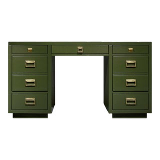 1970s Campaign Style Partner Desk in Green - Newly Painted For Sale
