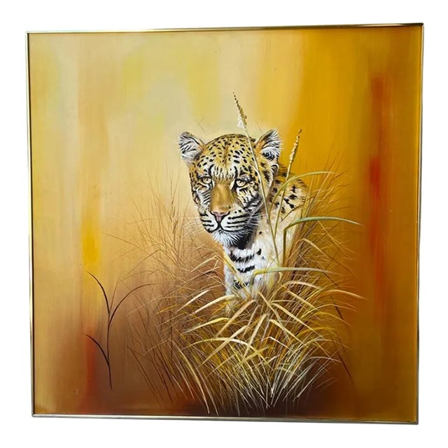 Vintage Mid Century Postmodern 1970s Large Leopard Oil Painting Brass Frame Cat For Sale