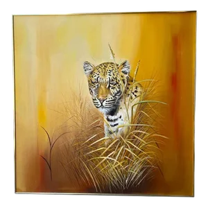 Vintage Mid Century Postmodern 1970s Large Leopard Oil Painting Brass Frame Cat