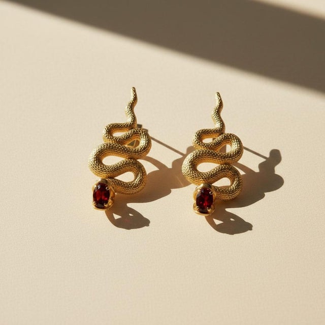 Massive Snake Earrings With Garnets in Opened Mouth, Pair For Sale - Image 6 of 7