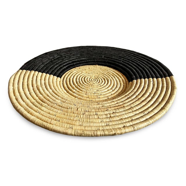 Vintage beautiful hand crafted natural tan and black woven plate. Perfect as unique wall decor with striking modern design.