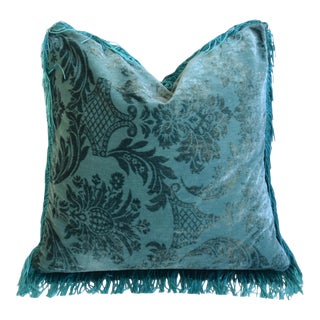 Green Floral Botanical French Silk Velvet Feather/Down Pillow W/ Fringe 19” Square For Sale