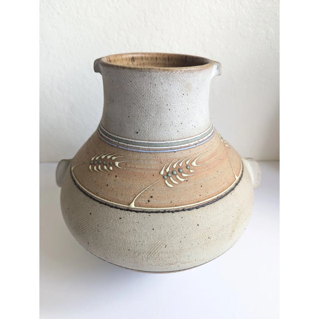 Chestnut Vintage 1970s PH Artisan Pottery Stoneware Water Jug With Wheat Accents For Sale - Image 8 of 10