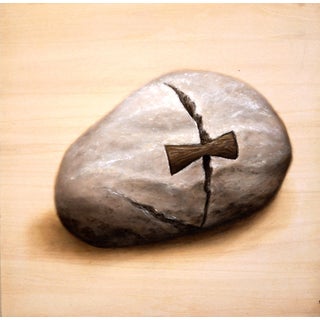 Paper beats Rock by Cor Oda | Oil on wood panel depicting a rock with a bow tie. For Sale