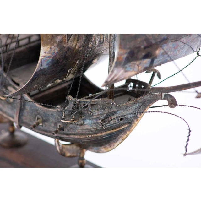 Portuguese Silver Caravel with Wooden Base For Sale - Image 3 of 7