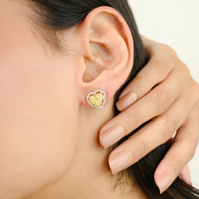 Boho Chic Certified Yellow Diamonds Heart Stud Earrings, a Pair for Womens For Sale - Image 3 of 10