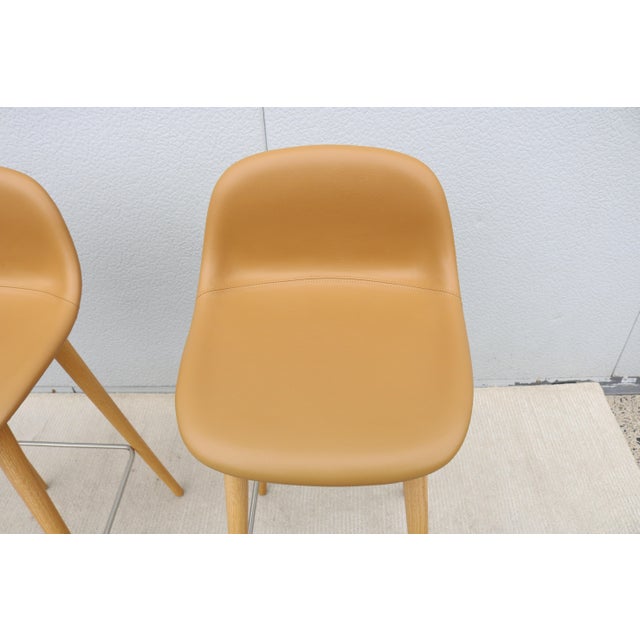 Danish Iskos-Berlin for Muuto Brown Leather Fiber Bar Stools Oak Base - Set of 3 For Sale - Image 14 of 18