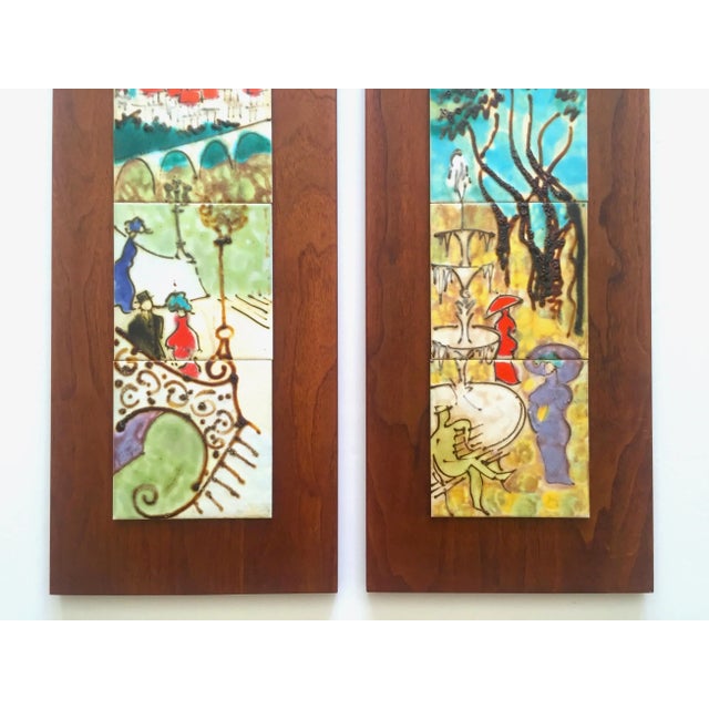 Mid-Century Modern Harris Strong Vintage Mid Century Modern Hand Painted Ceramic Tile Walnut Wood Wall Art Panels - Set of 2 For Sale - Image 3 of 13