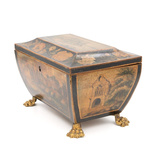 Traditional Regency Painted and Penwork Bombe Box on Gilt Lion Paw Feet, English, Circa 1820 For Sale - Image 3 of 12
