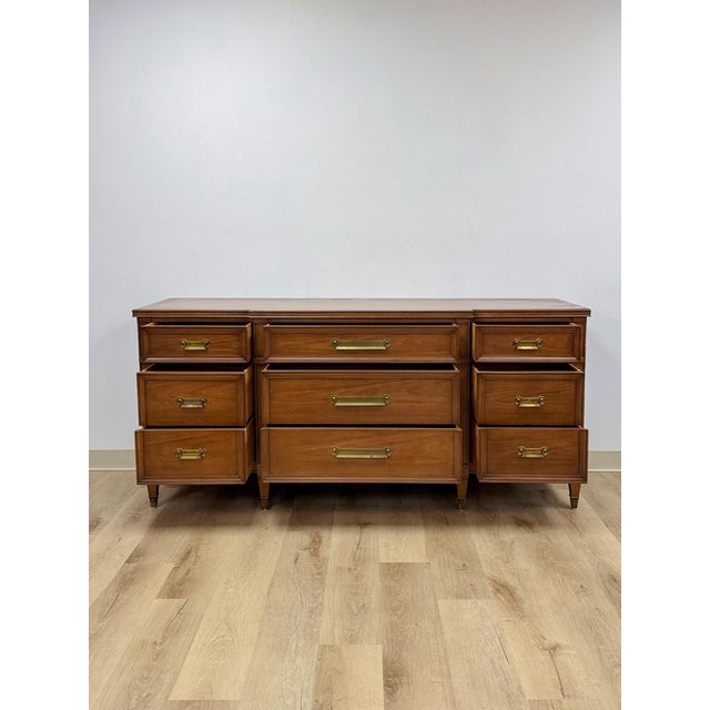 Vintage Dresser Drexel Transitional MCM Nine Drawer Lowboy Brass Handles For Sale - Image 11 of 18