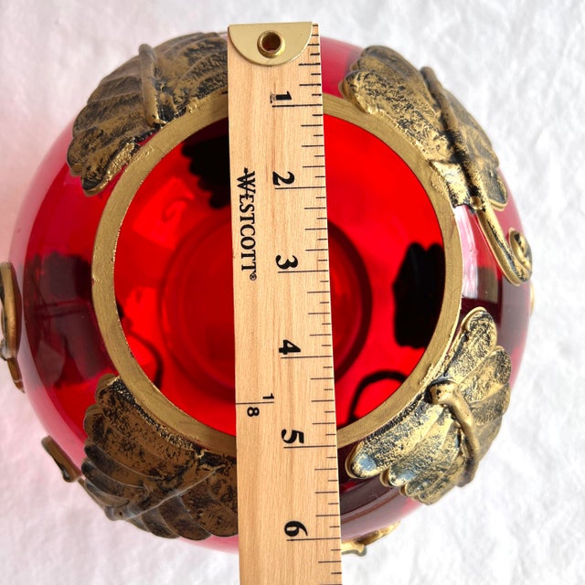 1970s 1970s Fifth Ave Crystal Ltd. Red Tealight Candle Potpourri Bowl Vase With Gold Leaves For Sale - Image 5 of 12