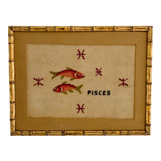 Vintage Pisces Astrology Needlepoint With Gold Faux Bamboo Frame For Sale