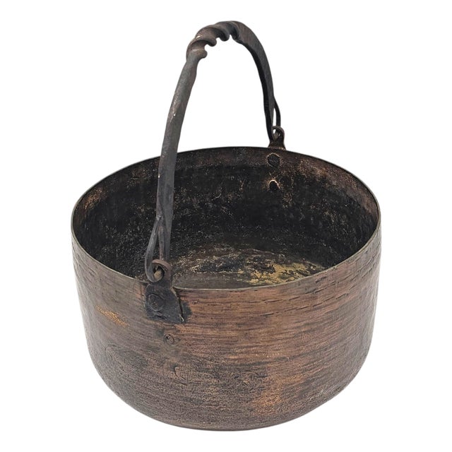 19th Century Primitive Copper Cauldron Vessel With Hand-Forged Iron Handle 12" For Sale
