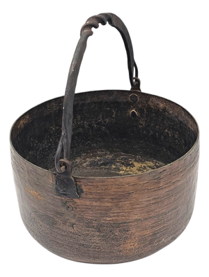19th Century Primitive Copper Cauldron Vessel With Hand-Forged Iron Handle 12"