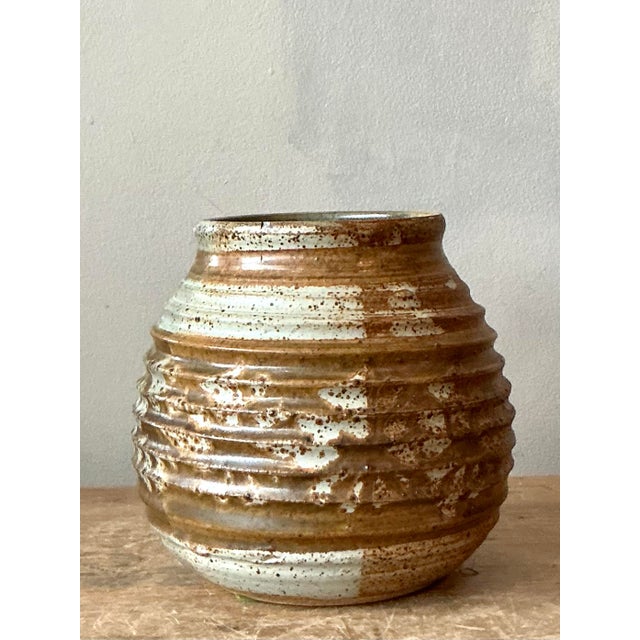 Vintage Boho Ribbed Studio Pottery Vase For Sale - Image 12 of 12
