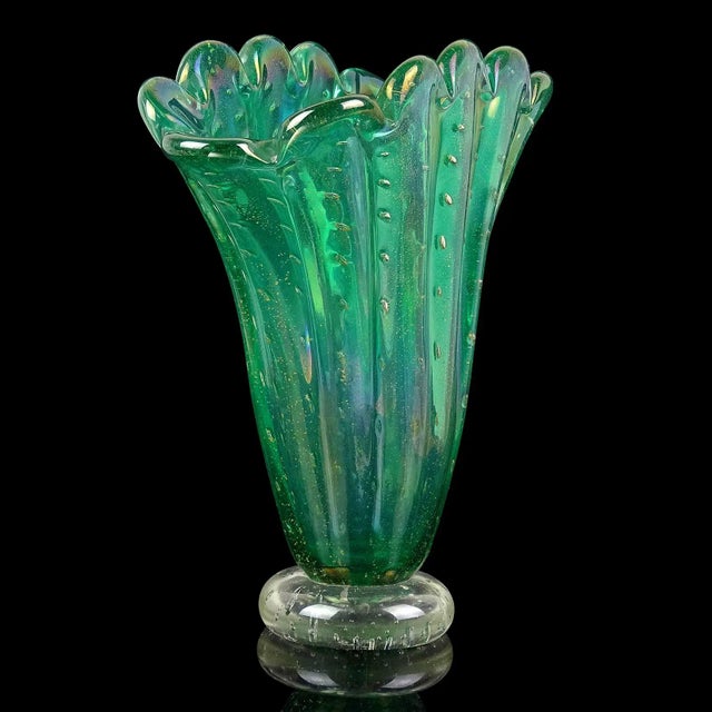 Mid 20th Century Vintage Murano Green Iridescent Gold Flecks Bubbles Italian Art Glass Fan Shape Scalloped Rim Flower Vase For Sale - Image 5 of 12